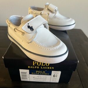 Polo by Ralph Lauren White Kids Leather Boat Shoes with Navy Pony